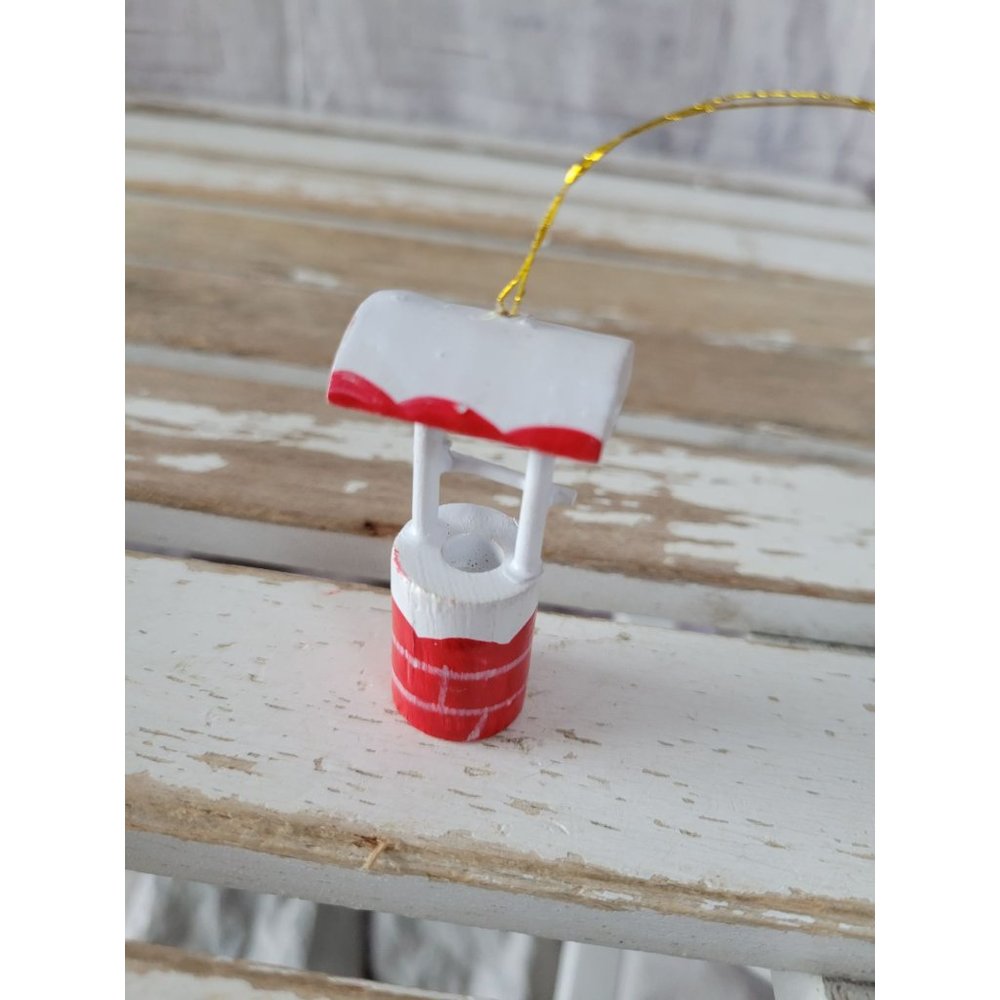 Wooden well ornament mini vintage Express holiday tree white red